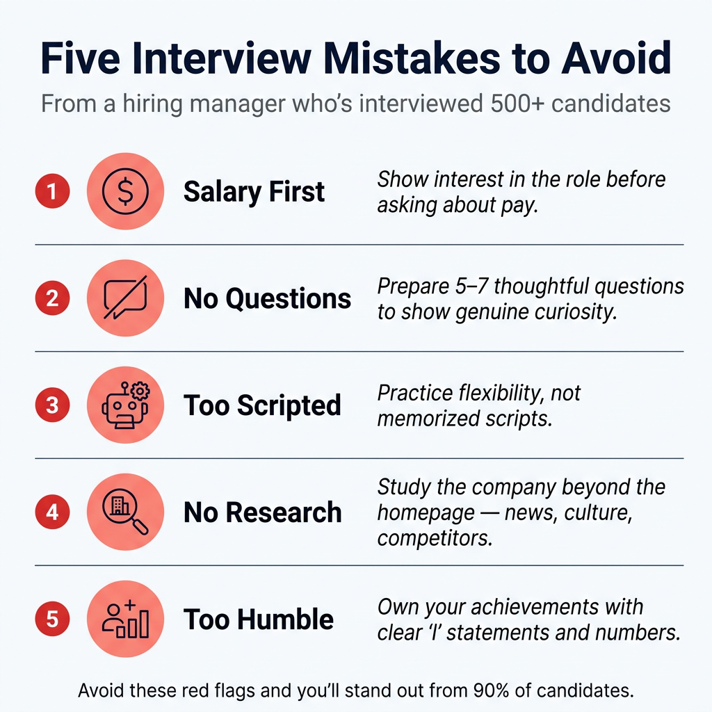 Infographic summarising five common interview mistakes: leading with salary, not asking questions, scripted answers, lack of research, and underselling achievements.