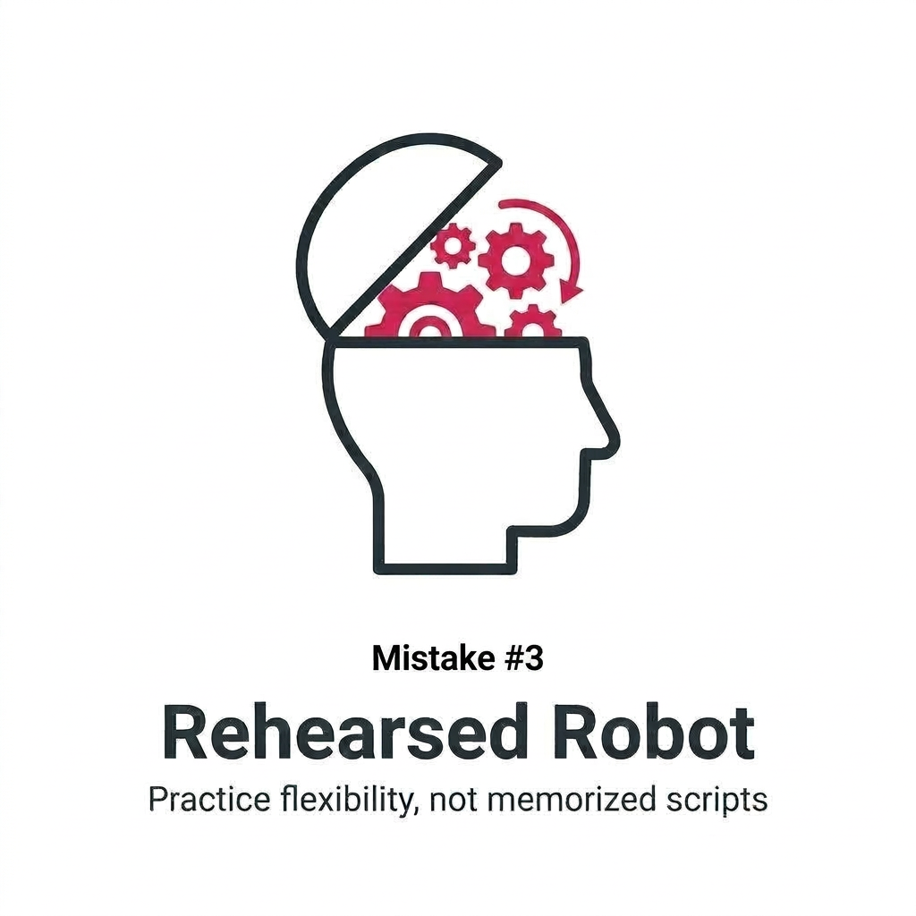 Icon of a robot head with gears, symbolizing a rehearsed or robotic answer style.