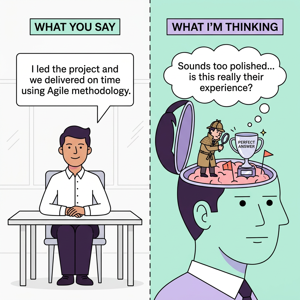 Cartoon split-screen: candidate giving a rehearsed answer on the left, and hiring manager thinking it sounds too polished on the right.