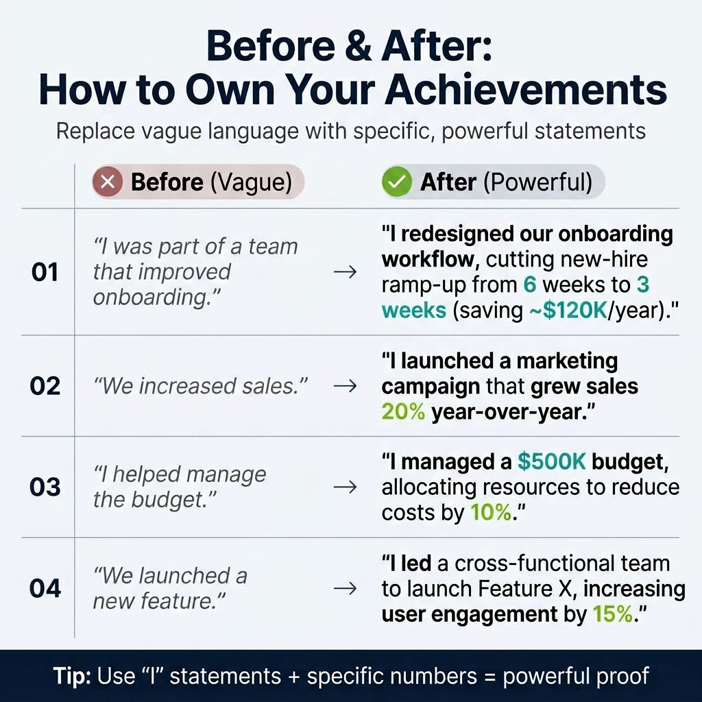 Infographic comparing vague interview answers (Before) with specific, impactful versions (After).