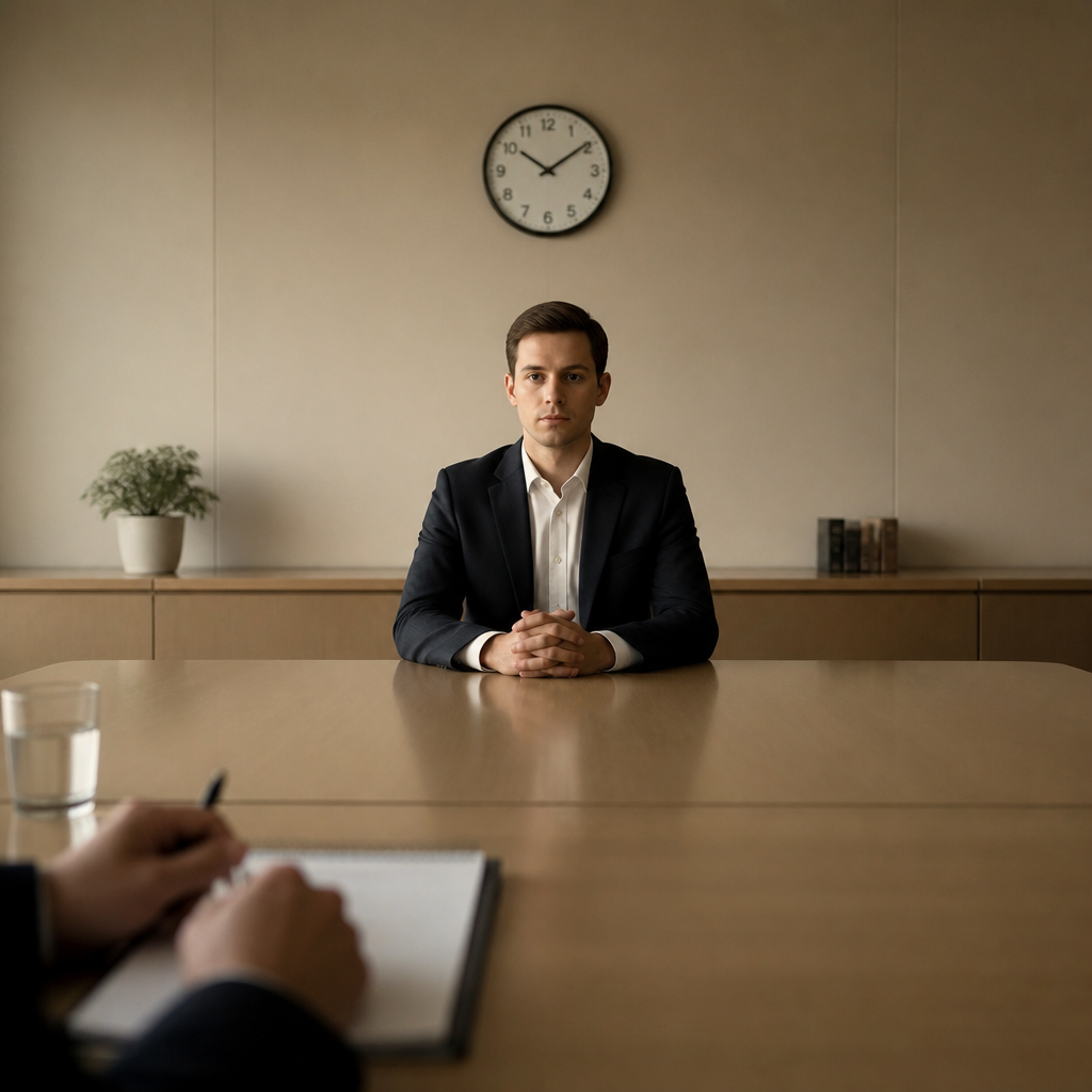 Job candidate sitting frozen and silent across the table from an interviewer, with a clock on the wall behind him