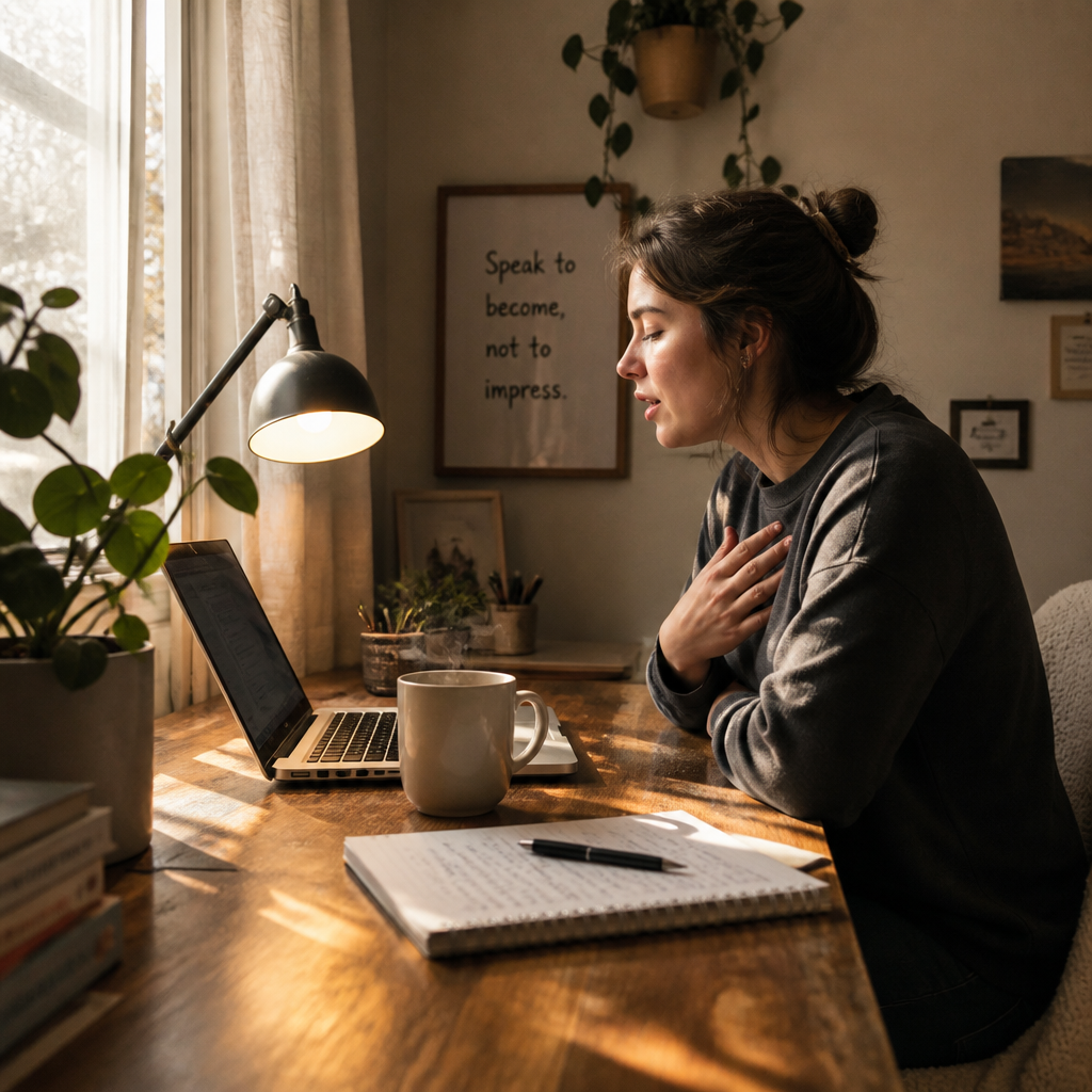 Woman rehearsing an interview answer out loud at home, hand on chest, practicing in front of her laptop